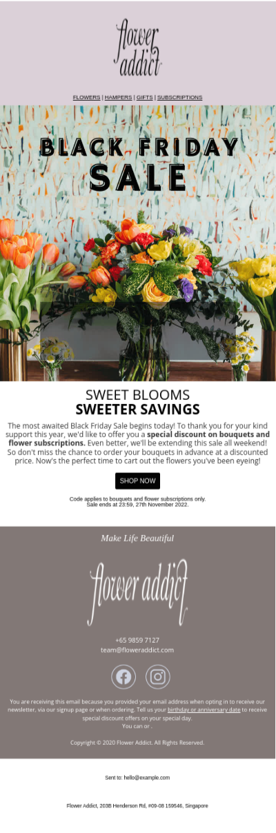 Black Friday Email Examples Flower AddictS Simple Black Friday Email black friday email campaigns
